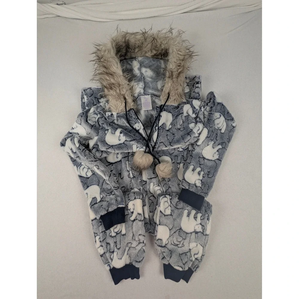 Hooded Pajamas Kids 4-6 Polar Bear Fleece Suit Secret Treasures Blue Faux Fur